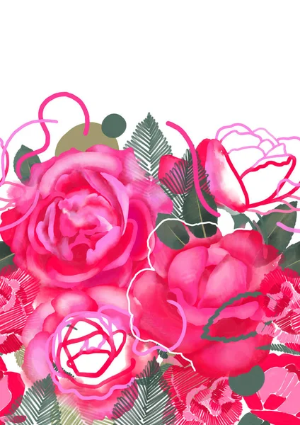 Design floral vibrante feito de rosas digitais pintadas em técnicas mistas — Fotografia de Stock