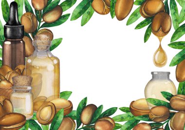 Argan bitkileriyle çevrili suluboya yağ şişeleri.