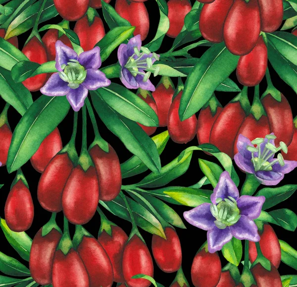 Απρόσκοπτη μοτίβο νερομπογιάς γκότζι μούρα, λουλούδια και φύλλα. — Φωτογραφία Αρχείου