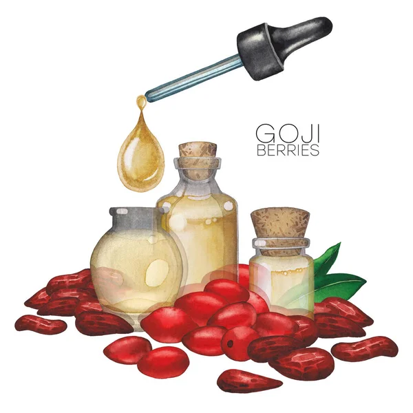 Aquarell ätherische Ölflaschen mit Goji-Blättern und Beeren verziert — Stockfoto