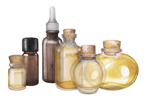 Aquarela garrafas de óleo essencial de diferentes tamanhos e formas — Fotografia de Stock