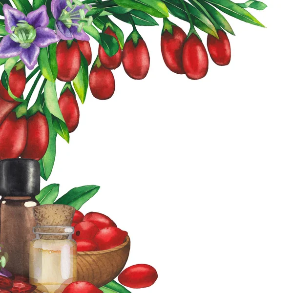 Akvarell illóolaj palack díszített goji bogyók, levelek és virágok. — Stock Fotó