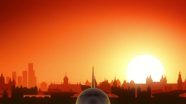 Amszterdam Hollandia repülőgép felszállás Skyline arany háttér — Stock videók