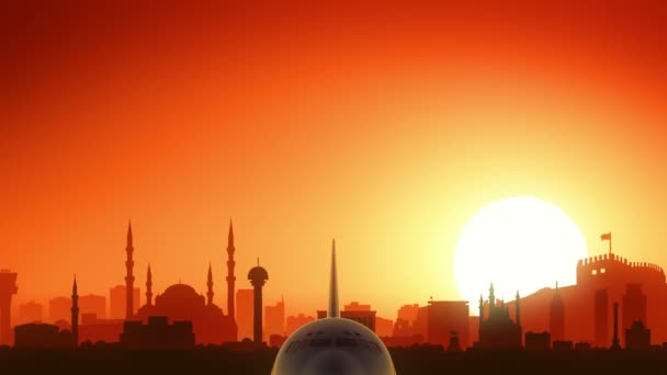 アンカラ トルコ航空機離陸スカイライン黄金背景 — ストック動画