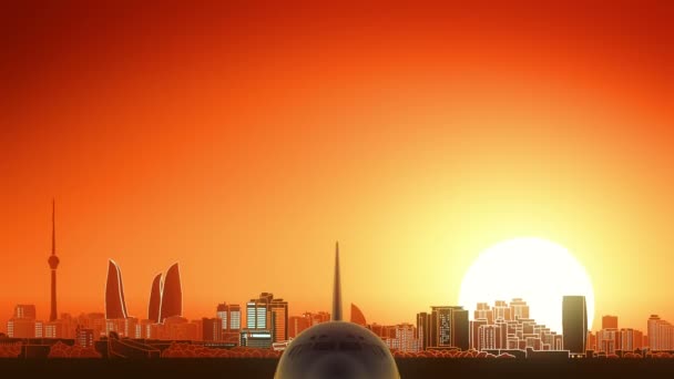 Baku Azerbajdzjan flygplan lyfta Skyline gyllene bakgrund — Stockvideo