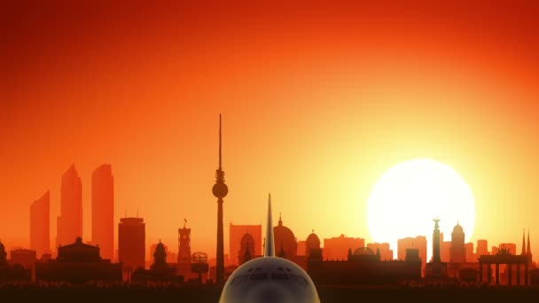 Berlijn Duitsland vliegtuig opstijgen Skyline gouden achtergrond — Stockvideo