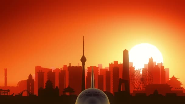 Beijing China vliegtuig opstijgen Skyline gouden achtergrond — Stockvideo