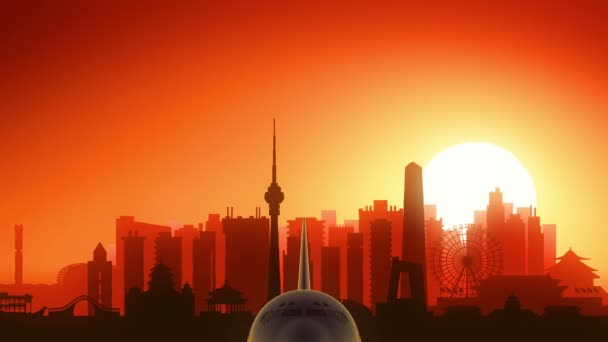 Beijing Chine avion décollent Skyline fond doré 