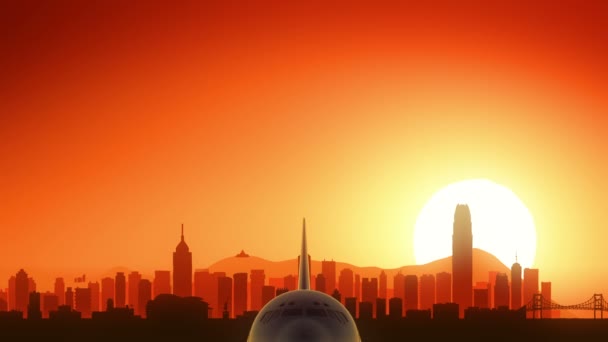 Hong kong china flugzeug starten skyline goldenen hintergrund — Stockvideo