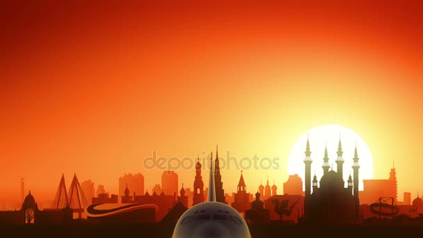 Kazan Russia Airplane Take Off Skyline Golden Background — Stock Video