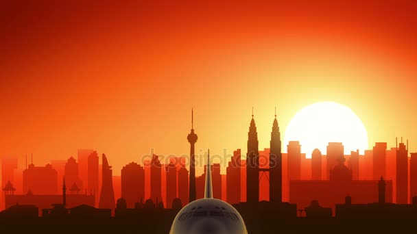 クアラルンプール マレーシア飛行機離陸スカイライン黄金背景 — ストック動画