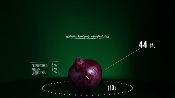 Infografika z červené cibule s vitamíny, stopové prvky minerálů. Energie, kalorií a komponenty — Stock video