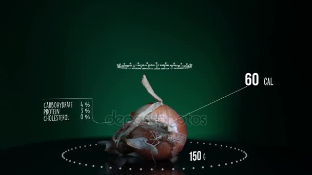 Infografik der gelben Zwiebel mit Vitaminen, Mikroelementen und Mineralien. Energie, Kalorien und Komponenten — Stockvideo