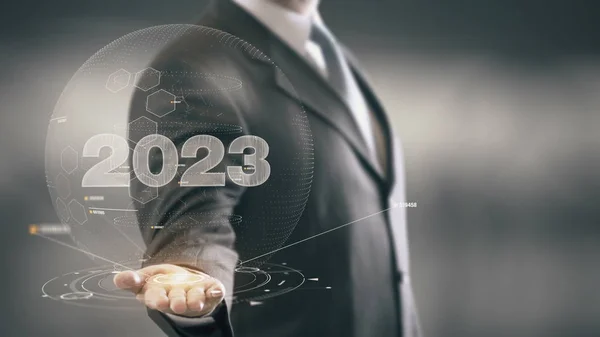 2023 Businessman Holding in Hand New technologies — Fotografie, imagine de stoc