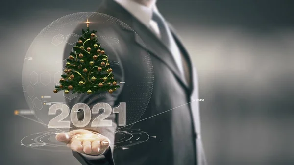 2021 Albero di Natale Businessman Holding in mano Nuove tecnologie — Foto Stock