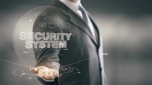 Sistema de Segurança Empresário Segurando na Mão Novas tecnologias — Fotografia de Stock