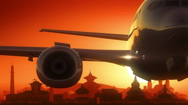 Katmandu uçak almak manzarası altın arka plan — Stok fotoğraf