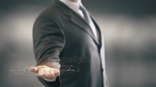 Trust Us Businessman Holding in Hand New technologies — Stock Video