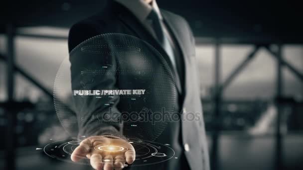 Public Private Key with hologram businessman concept — Stock Video