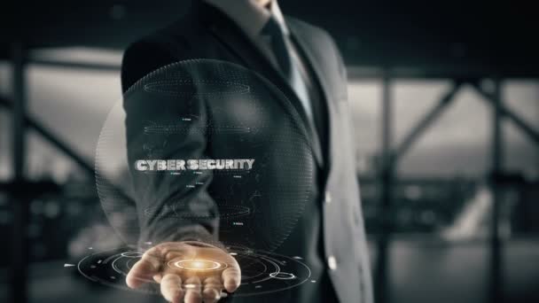 Cibersegurança com holograma conceito de homem de negócios — Vídeo de Stock