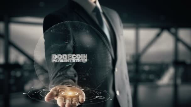 Dogecoin betalningssystem med hologram affärsman koncept — Stockvideo