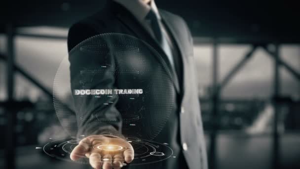 Dogecoin Handel mit Hologramm Geschäftsmann Konzept — Stockvideo