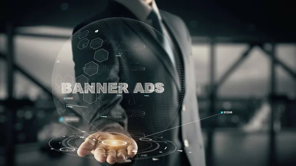 Anúncios de banner com conceito de empresário holográfico — Fotografia de Stock