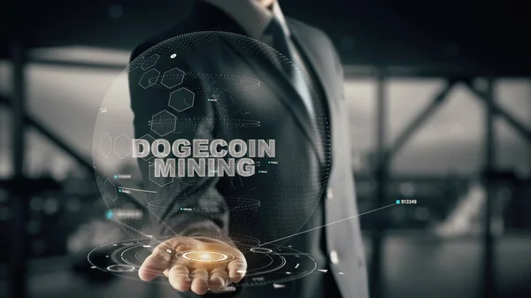 Dogecoin górnictwa z hologramem biznesmen koncepcja — Zdjęcie stockowe