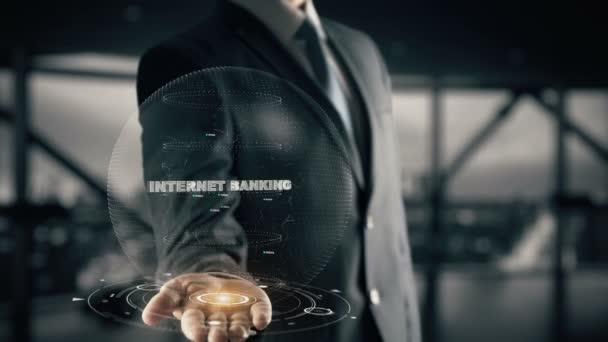 Internet Banking met hologram zakenman concept — Stockvideo