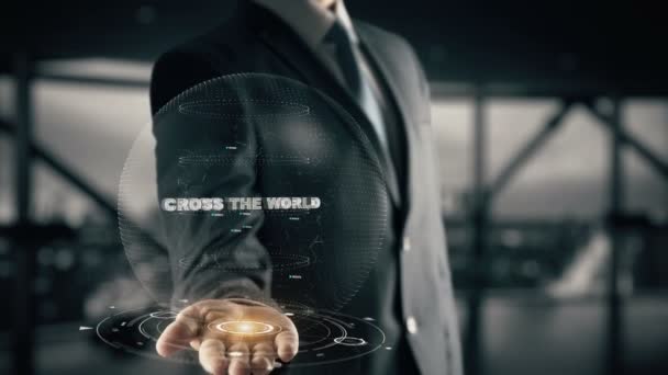 Korsa världen med hologram affärsman koncept — Stockvideo