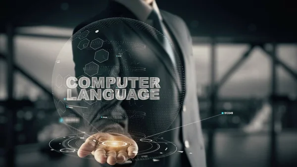 Linguagem de computador com holograma conceito de homem de negócios — Fotografia de Stock