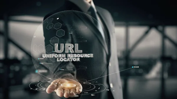 URL-Uniform Resource Locator com holograma conceito de homem de negócios — Fotografia de Stock
