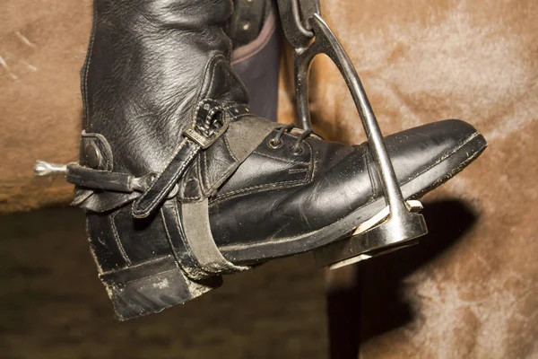 The foot of the rider in the boot with spurs in a stirrup, the side — Stock Photo, Image