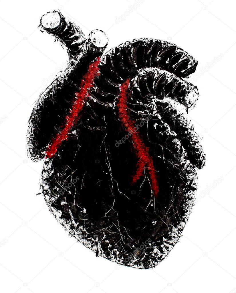 Stylized drawing of a human heart, executed in black and red colors on a white background
