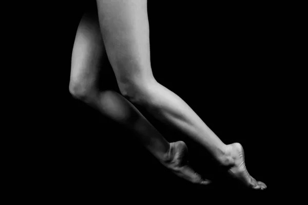 Black White Photo Female Legs Standing Bent Fingertips Isolated Black — Stock Photo, Image