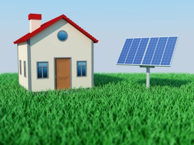 Ev ile güneş paneli - 3d görüntü