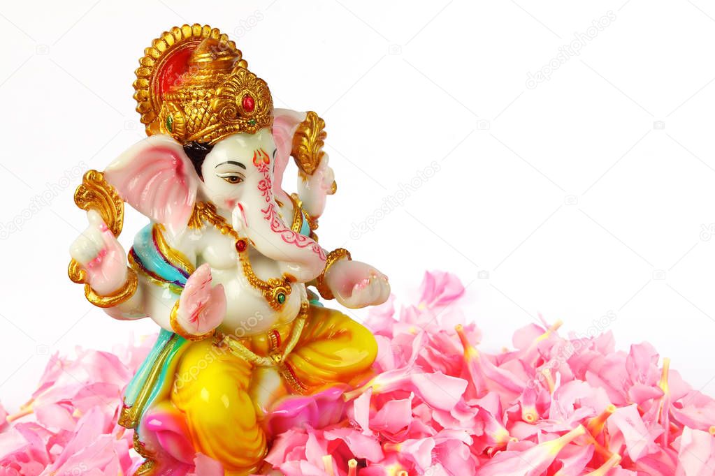 Colourful Hindu God Ganesha Statue with Oleander Flowers