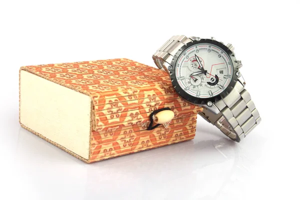 Relógio Pulso Metal Masculino Fundo Branco Com Caixa Presente — Fotografia de Stock