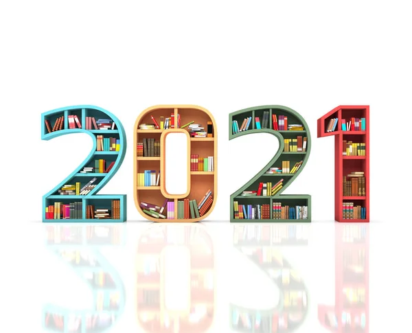 Nyår 2021 Kreativ Design Koncept Med Bok Hylla Rendered Image — Stockfoto