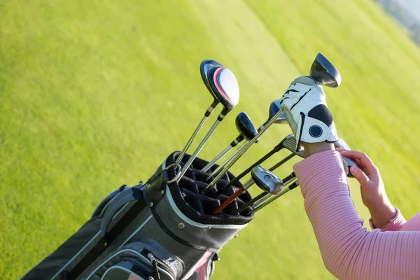 Professional golf player choosing the golf club from the bag