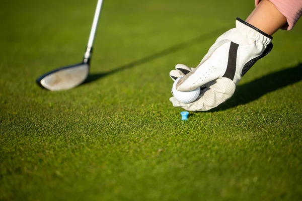 Профессиональный игрок в гольф устанавливает мяч для гольфа на стойке на траве во время игры в гольф — стоковое фото