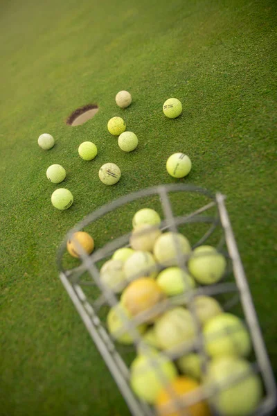Починаючи пакет для гравців в гольф, багато тренувальних м'ячів на землі, спортивна концепція — стокове фото