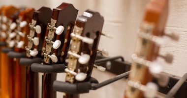 Modern, ahşap gitara yakın, enstrüman dükkanına bakan, müzik enstrümanı konsepti