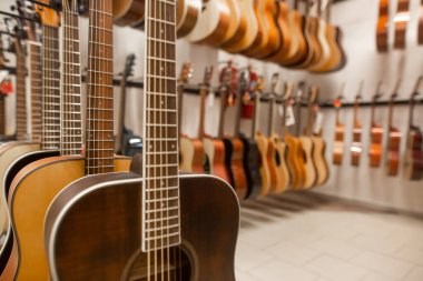 Modern, ahşap gitara yakın, enstrüman dükkanına bakan, müzik enstrümanı konsepti