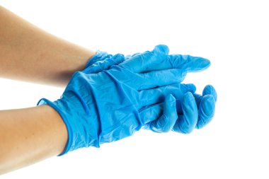 Coronavirus 'a karşı tıbbi eldivenli hemşire beyaz arka planda izole edilmiş, sağlık hizmeti konsepti