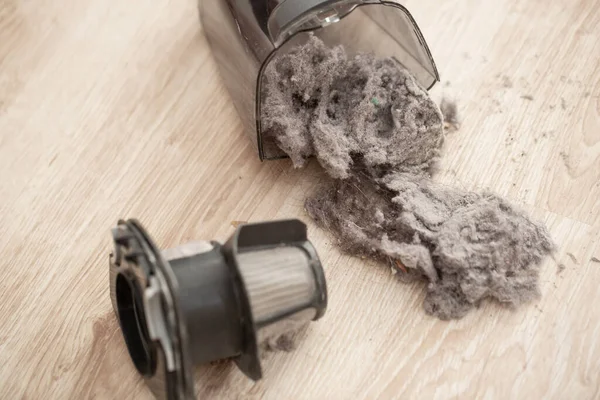 Close up of massively clogged, dirty filter of hand vacuum cleaner, dust and powder on the vacuum filter, household Royalty Free Stock Images