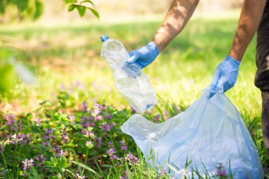 Plastik şişe toplayan bir adam, bir orman temizleme gezegeninde çöp toplama, çöp toplamaya yardım eden bir adam.