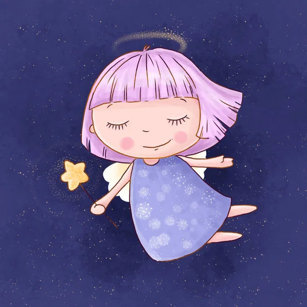 Cute cartoon angel girl with a magic wand on a background of the starry sky