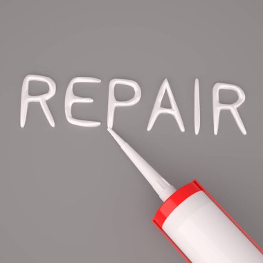 Silikon tutkal tabancası görselleştirme, izole üzerinde gri arka plan onarmak yazılı kelime. 3D render