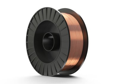 Beyaz arka planda bakır kablo olan bir makara. 3d modeli